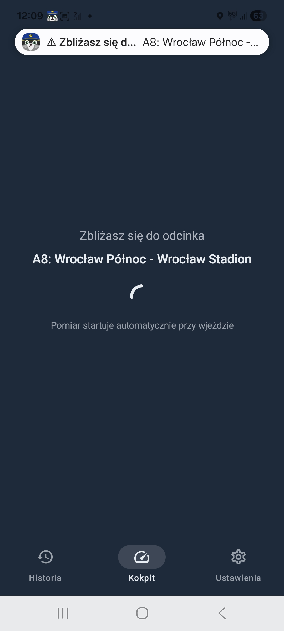 Zrzut ekranu aplikacji Szopp — zbliżanie się do odcinka pomiaru