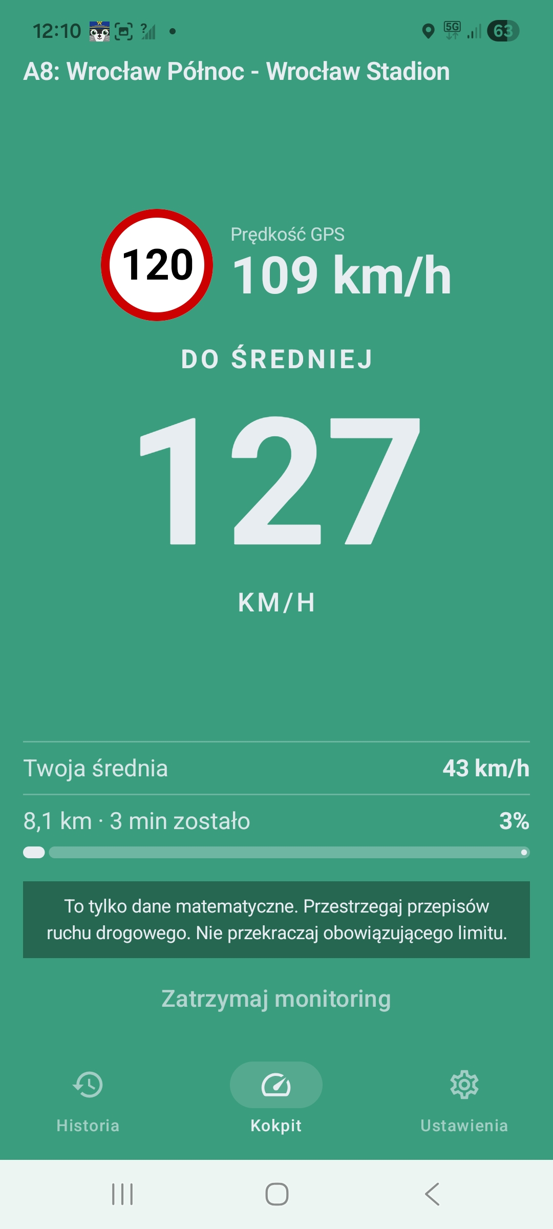 Zrzut ekranu aplikacji Szopp — monitorowanie średniej prędkości na odcinku
