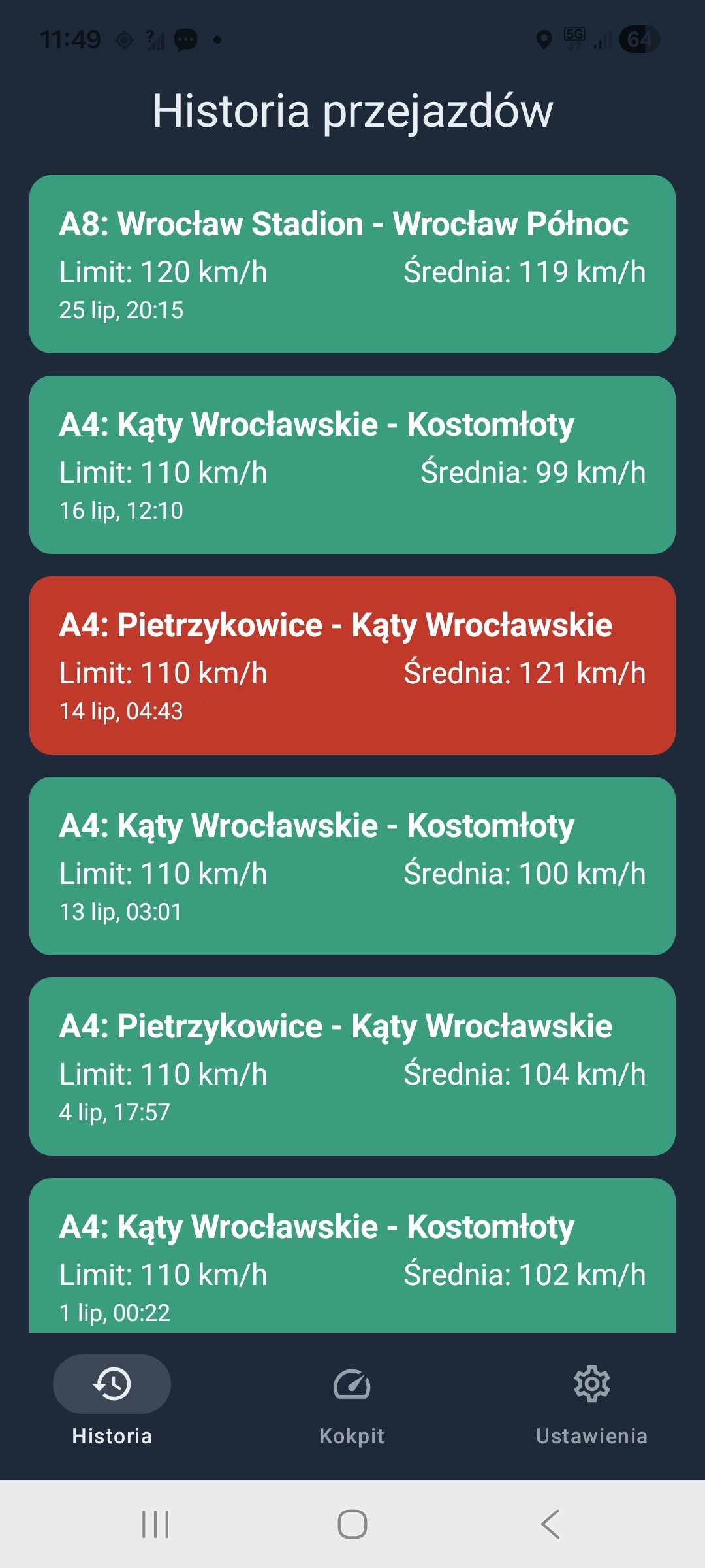 Zrzut ekranu aplikacji Szopp — historia przejazdów